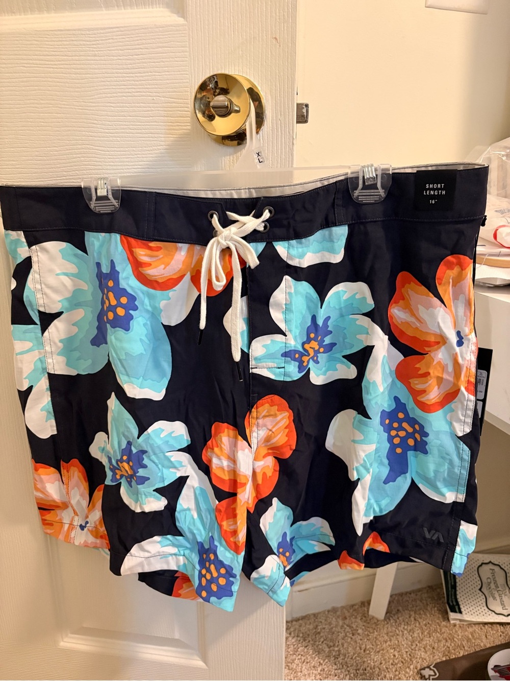 NWT RVCA Men's Floral Swim Trunks in Black with Aqua & Orange